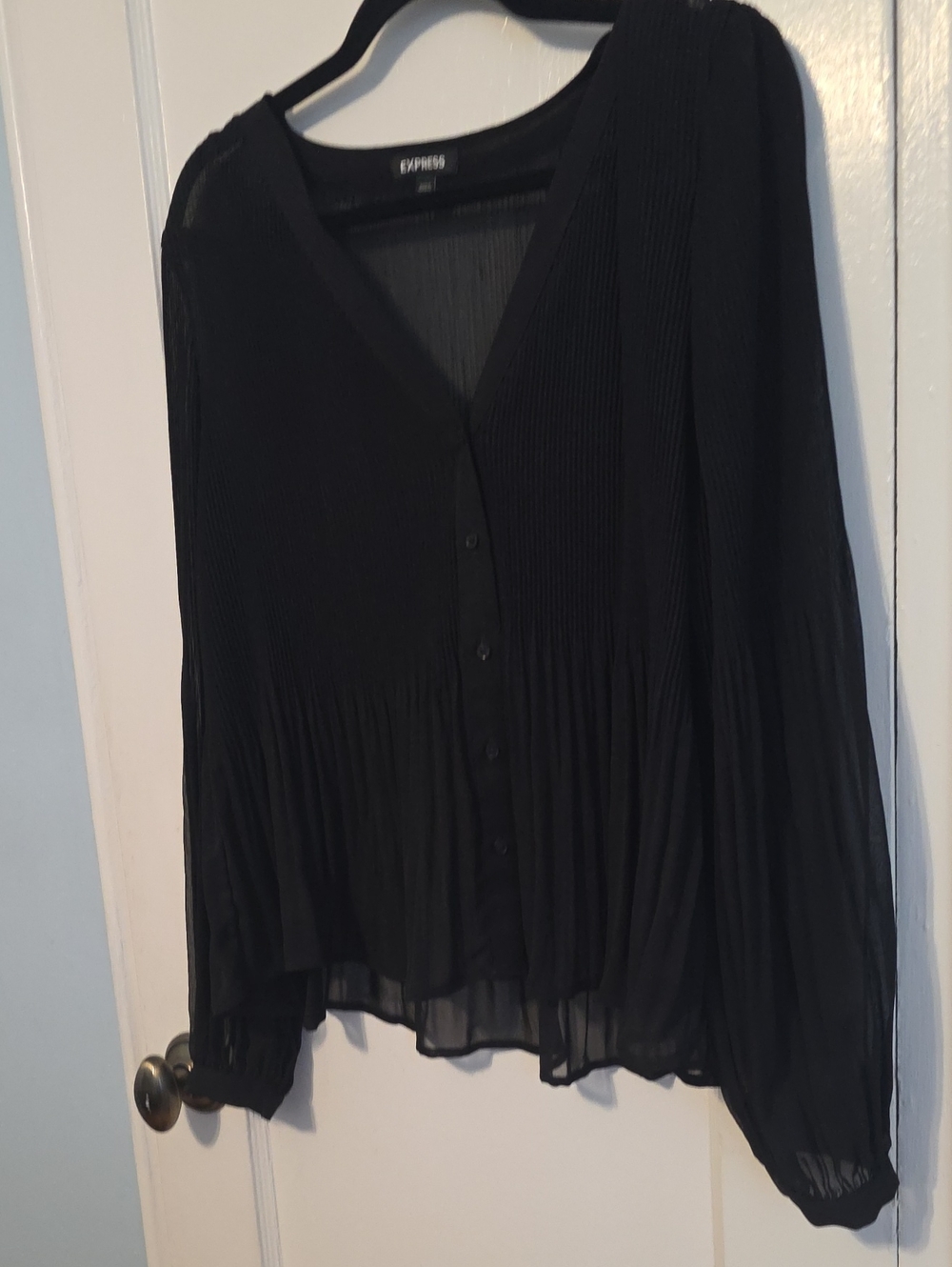 Express Black Pleated V-Neck Button-Up Blouse